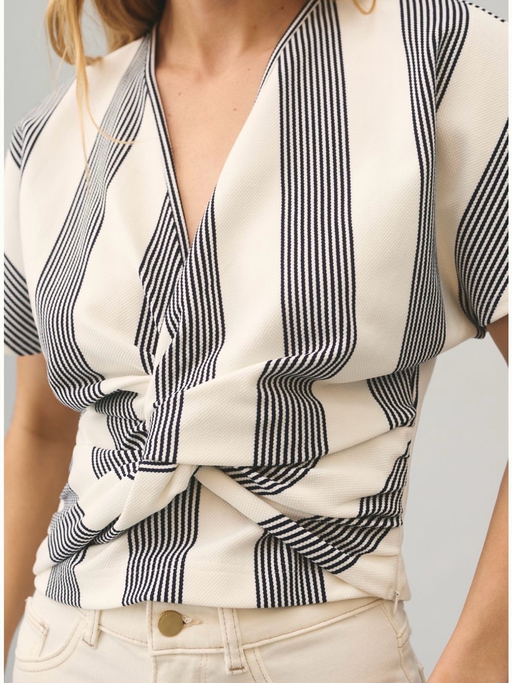 bishop + young Cream and Black Striped Wrap Tie-Front Blouse